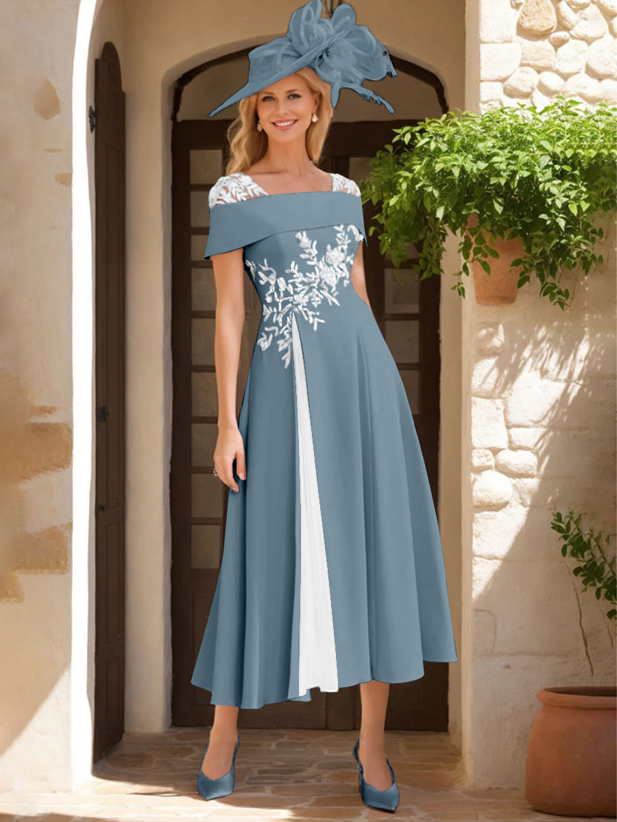Robe de Mère de La Mariée Ligne A/Princesse, Satin Élastique, Col Carré, Manches Courtes, Volants et Appliqués