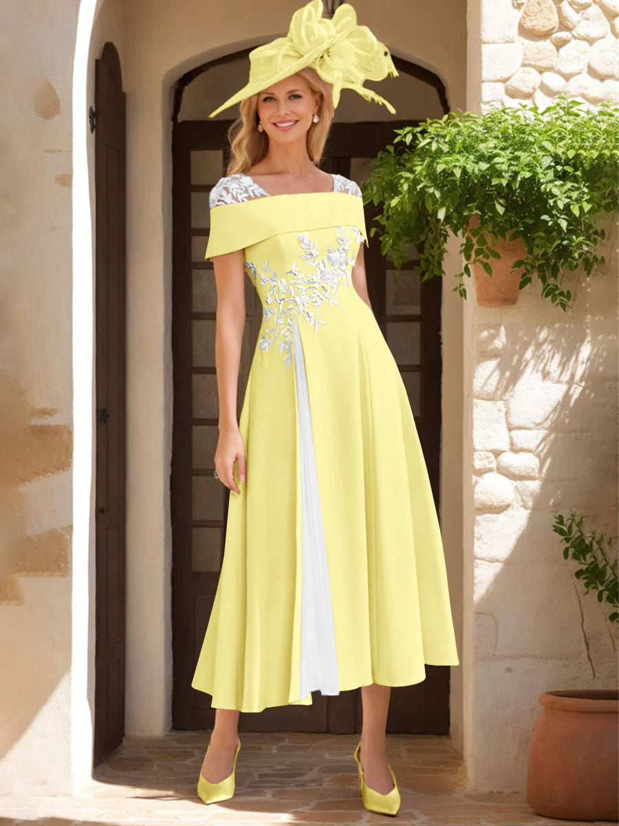 Robe de Mère de La Mariée Ligne A/Princesse, Satin Élastique, Col Carré, Manches Courtes, Volants et Appliqués