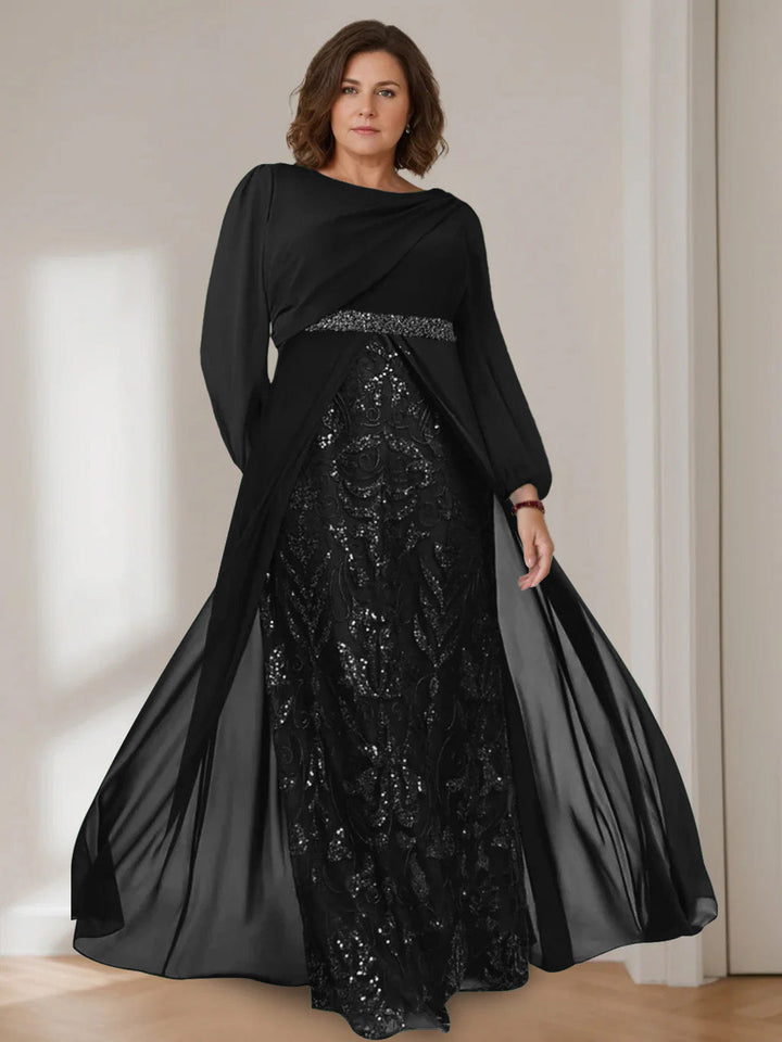 Ligne A/Princesse Scoop Manches Longues La Longueur du Sol Plus Taille Robes Mère de La Mariée avec Paillettes