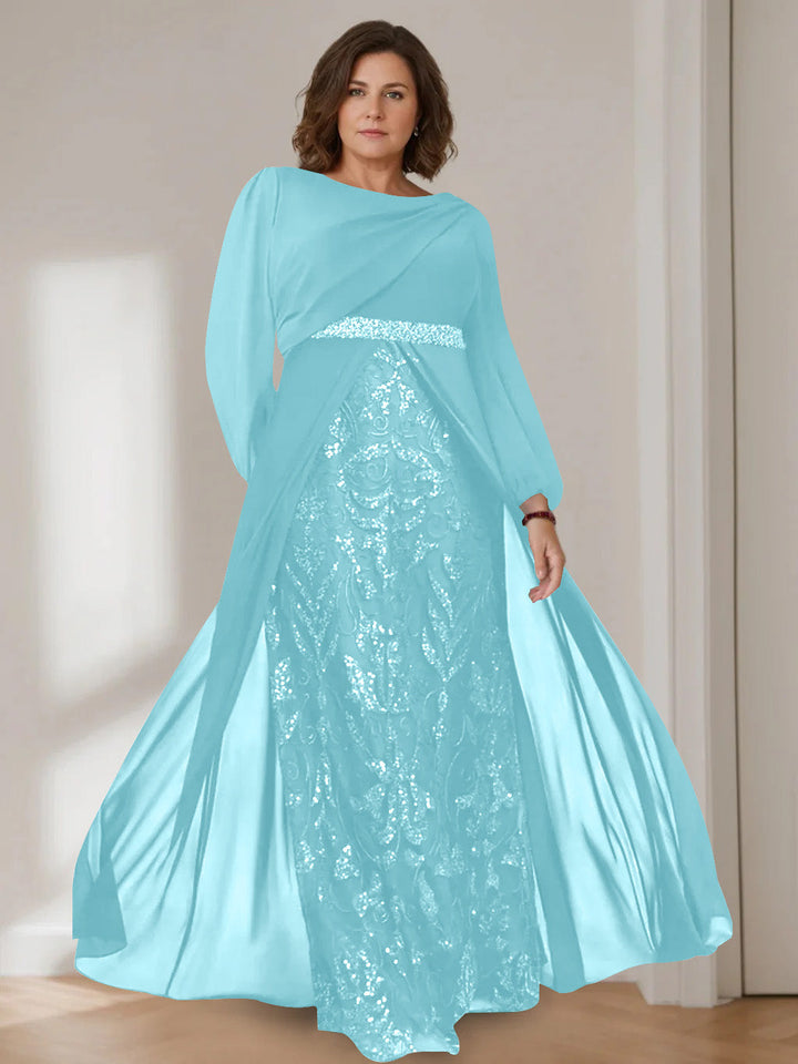 Ligne A/Princesse Scoop Manches Longues La Longueur du Sol Plus Taille Robes Mère de La Mariée avec Paillettes