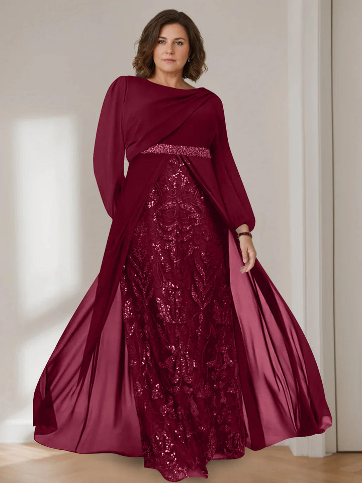 Ligne A/Princesse Scoop Manches Longues La Longueur du Sol Plus Taille Robes Mère de La Mariée avec Paillettes