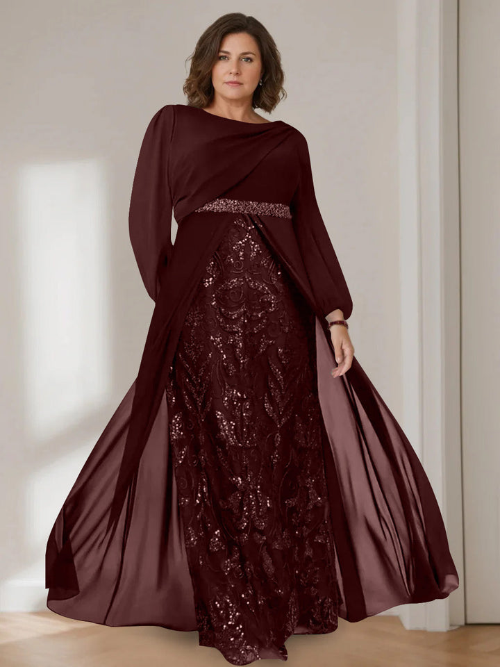 Ligne A/Princesse Scoop Manches Longues La Longueur du Sol Plus Taille Robes Mère de La Mariée avec Paillettes