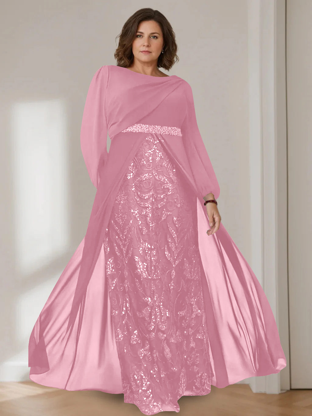 Ligne A/Princesse Scoop Manches Longues La Longueur du Sol Plus Taille Robes Mère de La Mariée avec Paillettes
