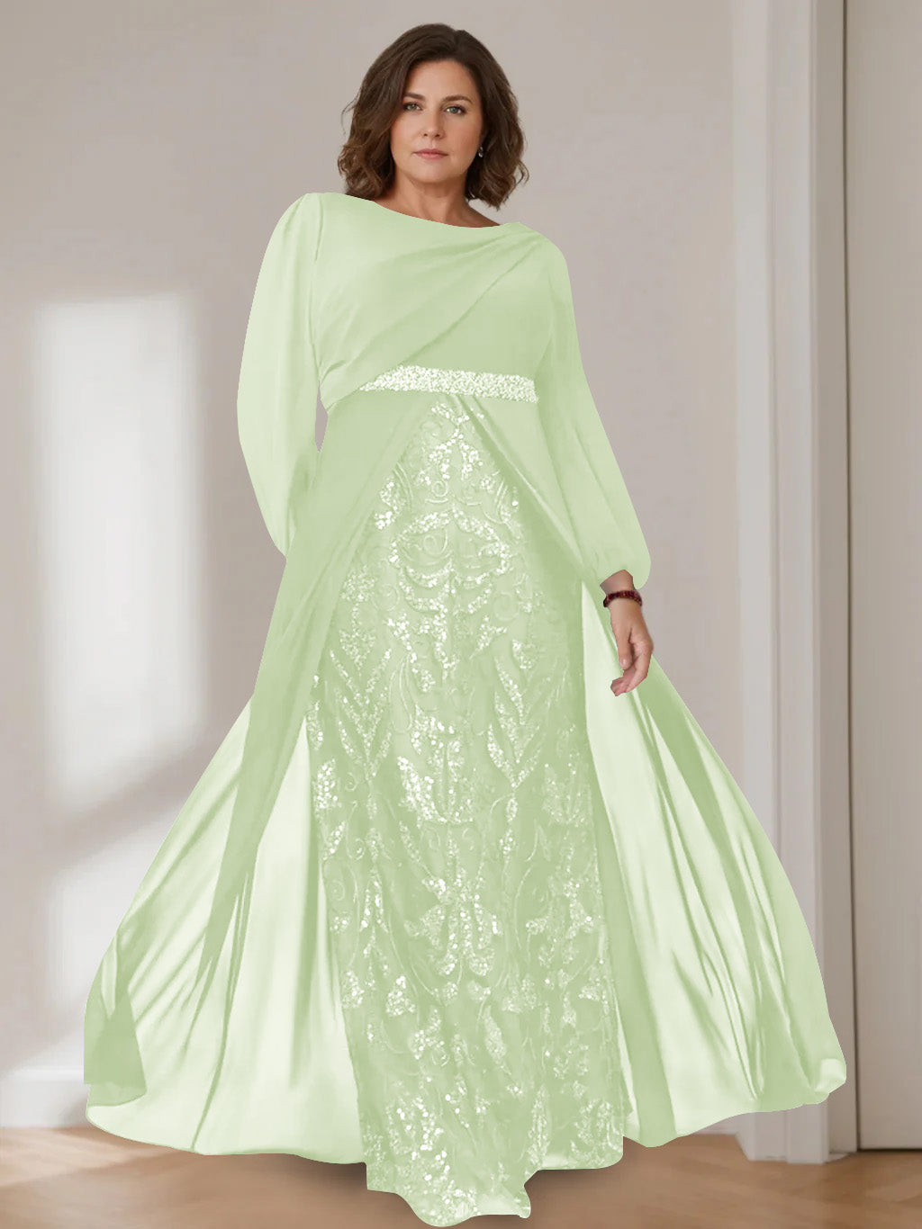 Ligne A/Princesse Scoop Manches Longues La Longueur du Sol Plus Taille Robes Mère de La Mariée avec Paillettes