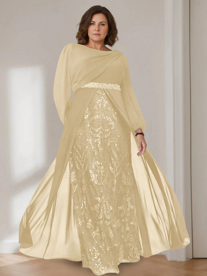 Ligne A/Princesse Scoop Manches Longues La Longueur du Sol Plus Taille Robes Mère de La Mariée avec Paillettes