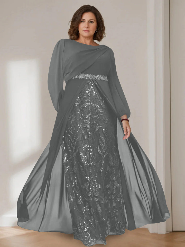 Ligne A/Princesse Scoop Manches Longues La Longueur du Sol Plus Taille Robes Mère de La Mariée avec Paillettes