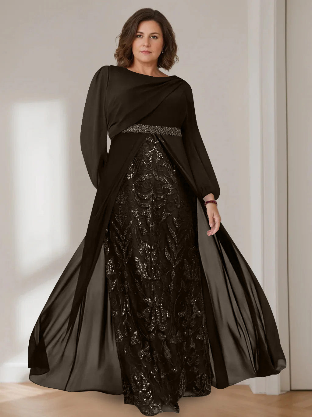 Ligne A/Princesse Scoop Manches Longues La Longueur du Sol Plus Taille Robes Mère de La Mariée avec Paillettes