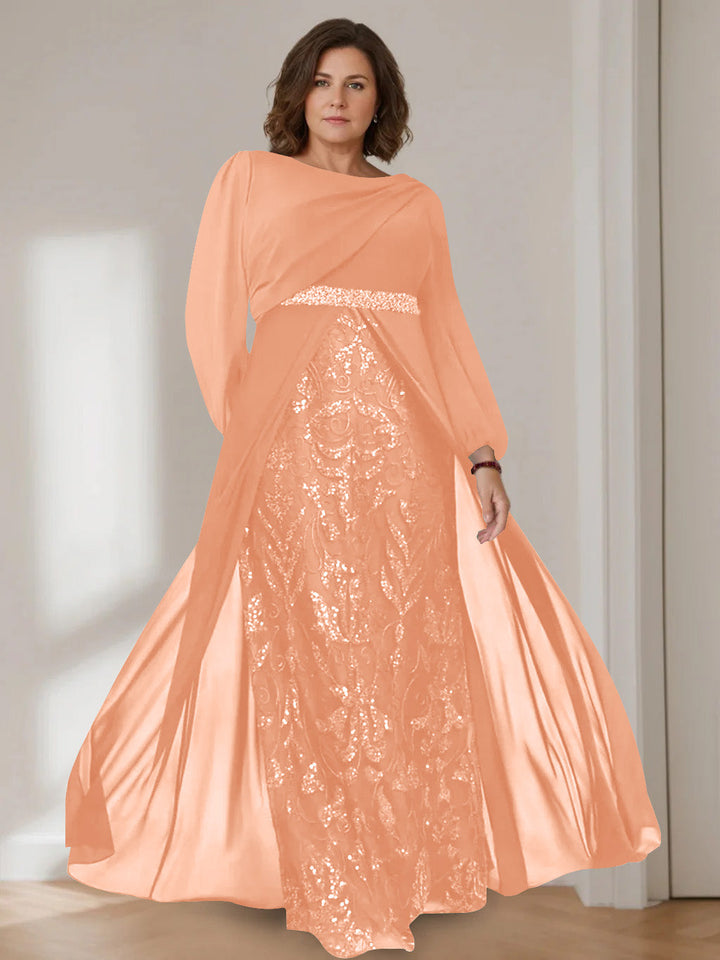Ligne A/Princesse Scoop Manches Longues La Longueur du Sol Plus Taille Robes Mère de La Mariée avec Paillettes