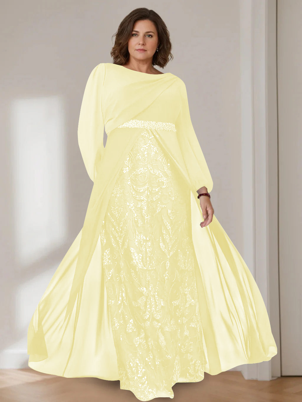 Ligne A/Princesse Scoop Manches Longues La Longueur du Sol Plus Taille Robes Mère de La Mariée avec Paillettes