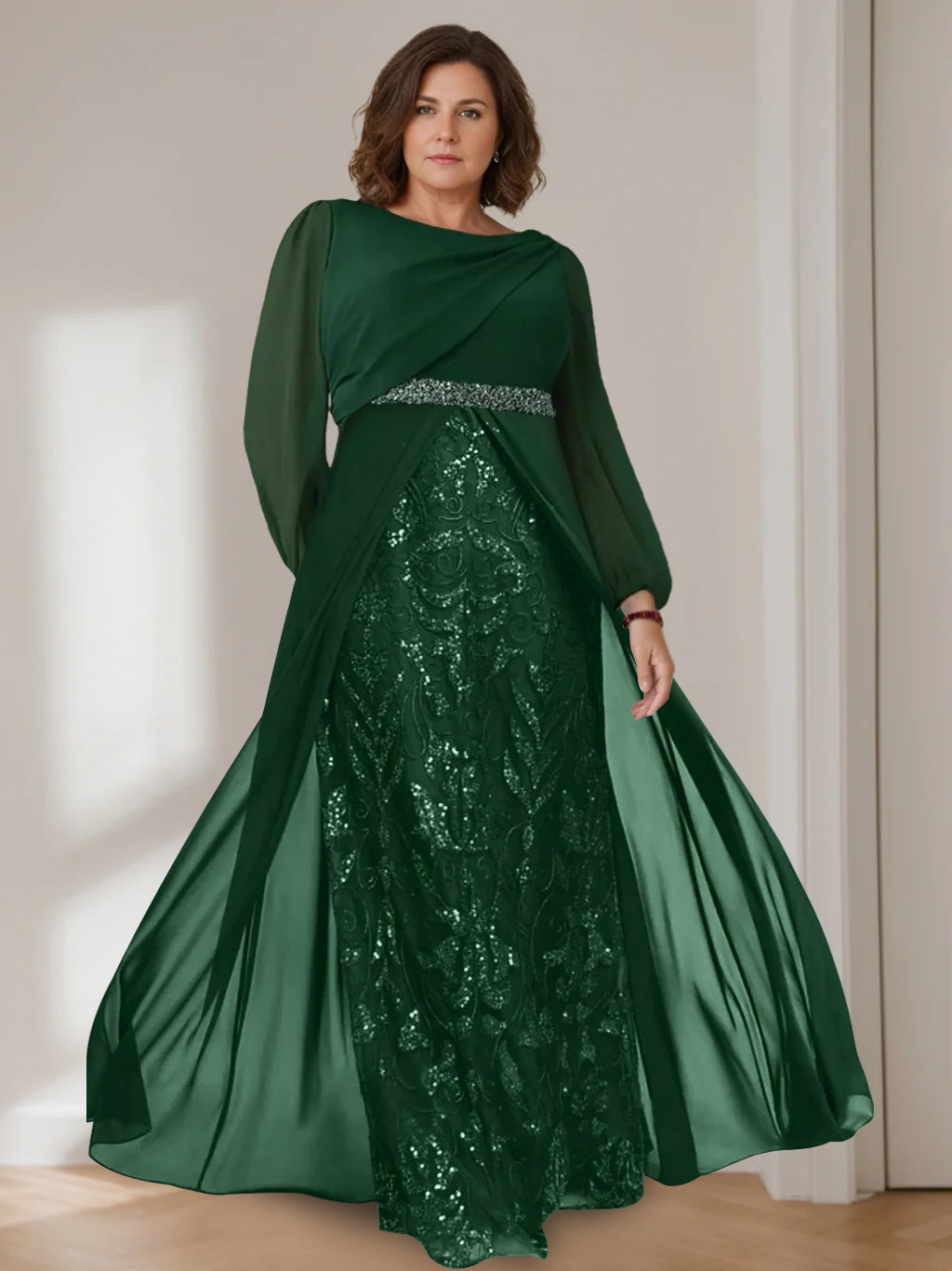 Ligne A/Princesse Scoop Manches Longues La Longueur du Sol Plus Taille Robes Mère de La Mariée avec Paillettes