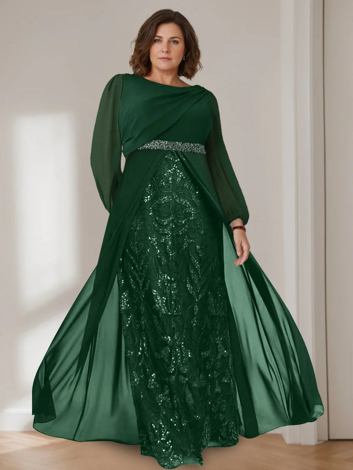 Ligne A/Princesse Scoop Manches Longues La Longueur du Sol Plus Taille Robes Mère de La Mariée avec Paillettes