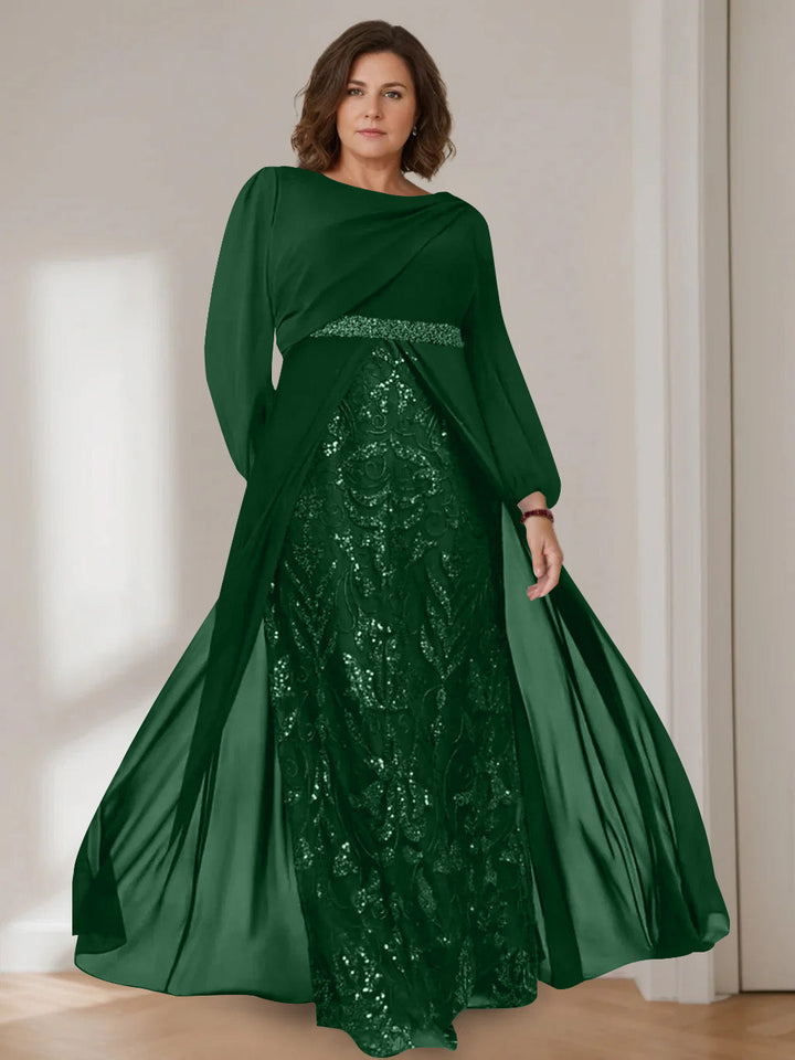 Ligne A/Princesse Scoop Manches Longues La Longueur du Sol Plus Taille Robes Mère de La Mariée avec Paillettes