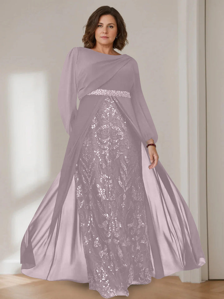 Ligne A/Princesse Scoop Manches Longues La Longueur du Sol Plus Taille Robes Mère de La Mariée avec Paillettes
