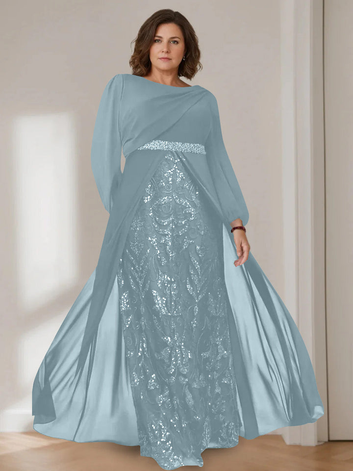 Ligne A/Princesse Scoop Manches Longues La Longueur du Sol Plus Taille Robes Mère de La Mariée avec Paillettes