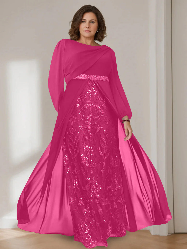 Ligne A/Princesse Scoop Manches Longues La Longueur du Sol Plus Taille Robes Mère de La Mariée avec Paillettes