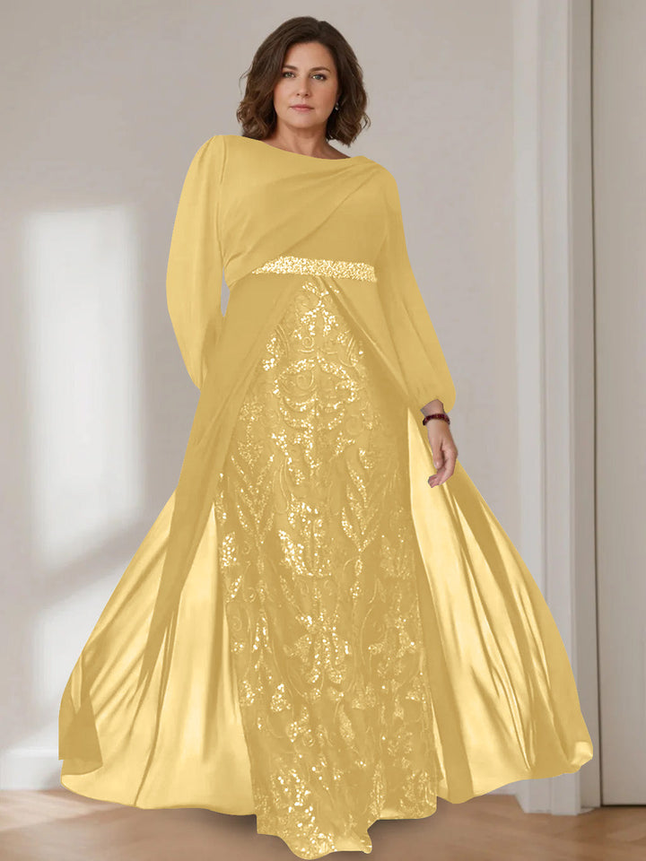Ligne A/Princesse Scoop Manches Longues La Longueur du Sol Plus Taille Robes Mère de La Mariée avec Paillettes