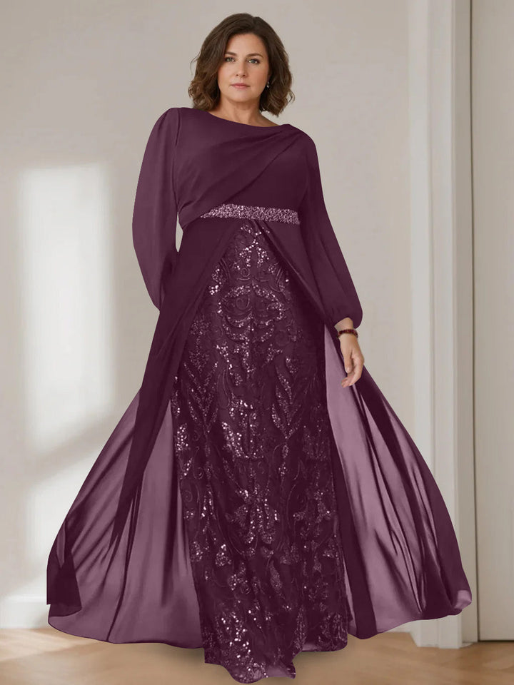 Ligne A/Princesse Scoop Manches Longues La Longueur du Sol Plus Taille Robes Mère de La Mariée avec Paillettes