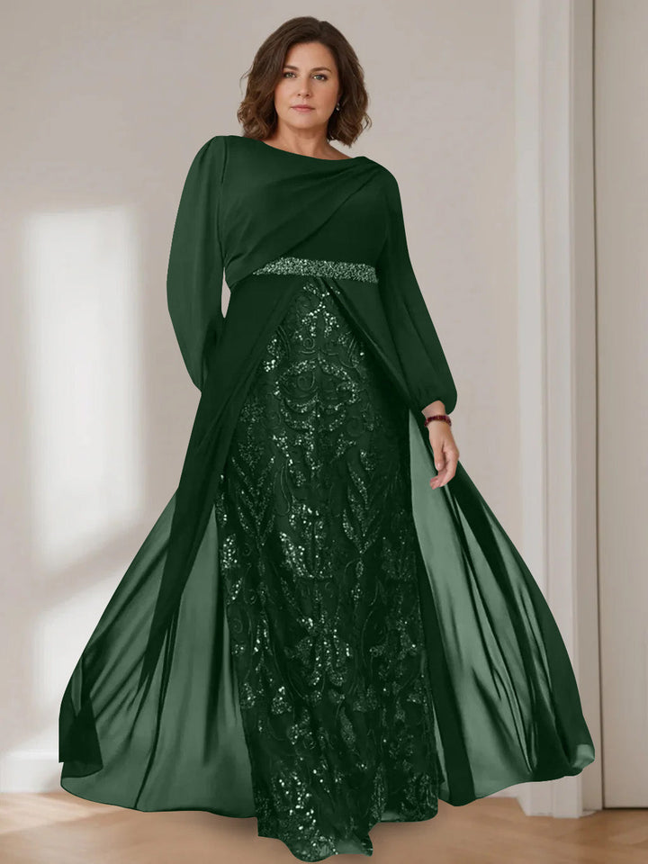 Ligne A/Princesse Scoop Manches Longues La Longueur du Sol Plus Taille Robes Mère de La Mariée avec Paillettes