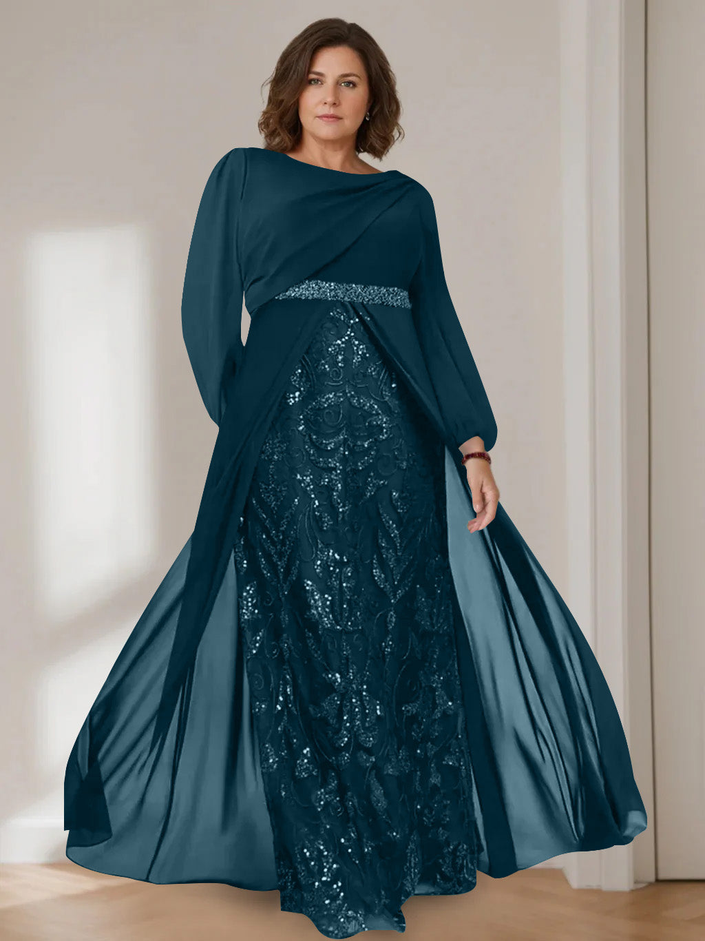Ligne A/Princesse Scoop Manches Longues La Longueur du Sol Plus Taille Robes Mère de La Mariée avec Paillettes