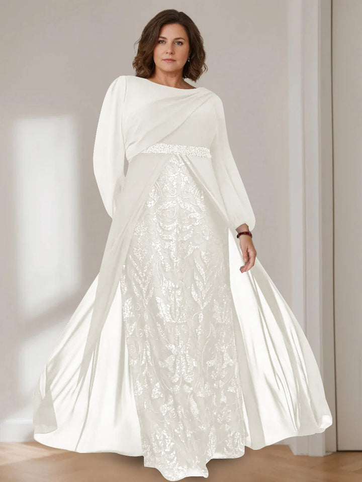 Ligne A/Princesse Scoop Manches Longues La Longueur du Sol Plus Taille Robes Mère de La Mariée avec Paillettes