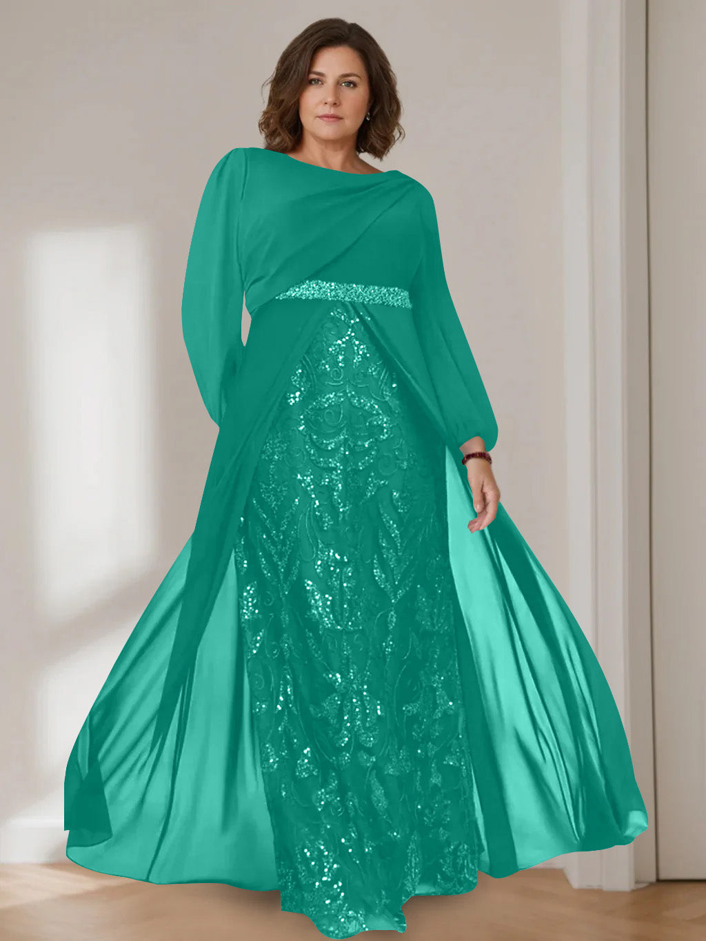 Ligne A/Princesse Scoop Manches Longues La Longueur du Sol Plus Taille Robes Mère de La Mariée avec Paillettes