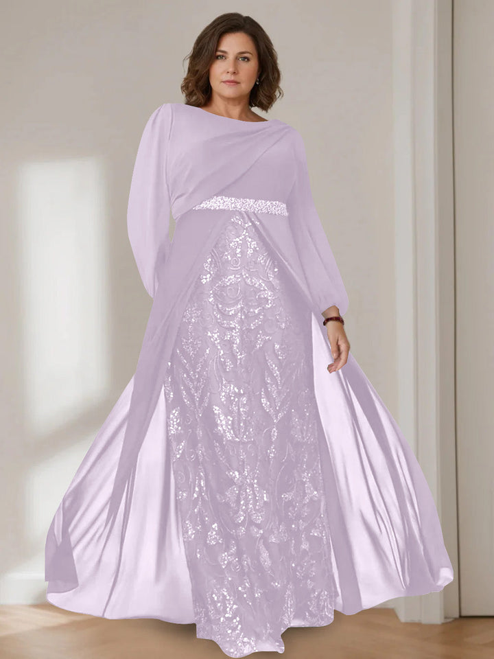 Ligne A/Princesse Scoop Manches Longues La Longueur du Sol Plus Taille Robes Mère de La Mariée avec Paillettes