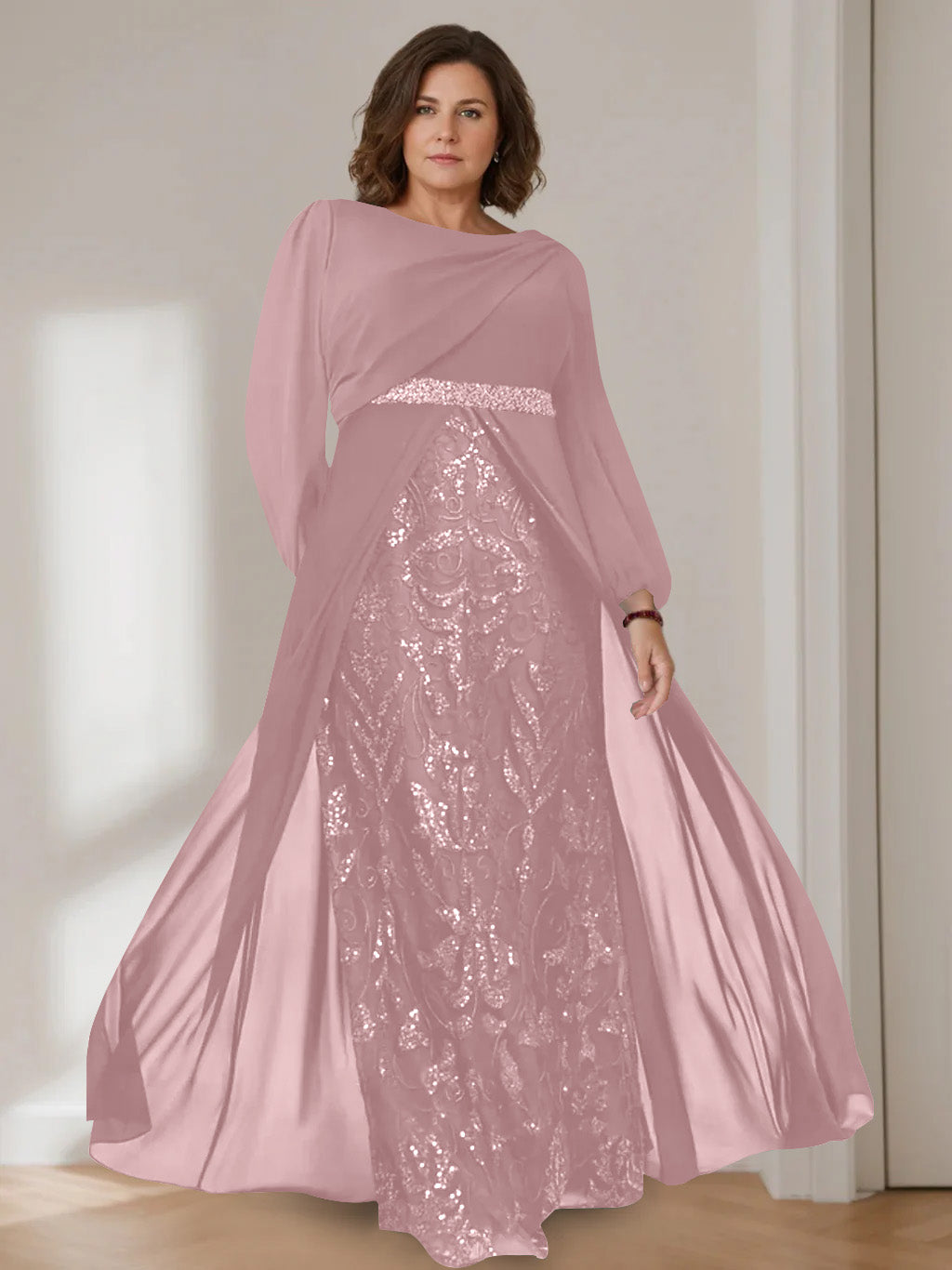 Ligne A/Princesse Scoop Manches Longues La Longueur du Sol Plus Taille Robes Mère de La Mariée avec Paillettes
