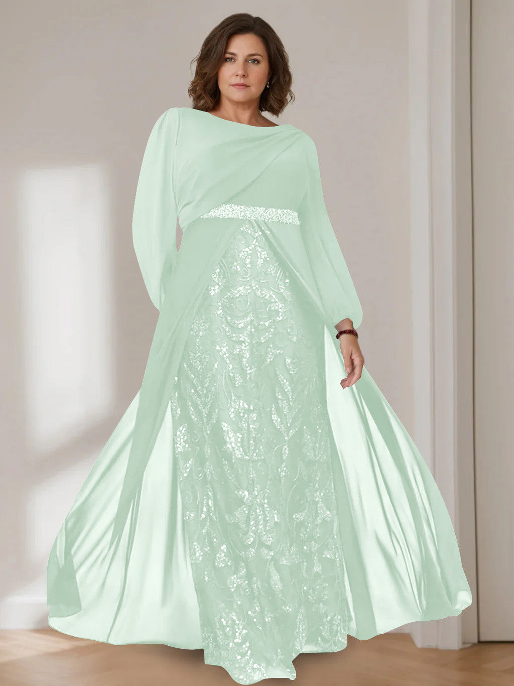 Ligne A/Princesse Scoop Manches Longues La Longueur du Sol Plus Taille Robes Mère de La Mariée avec Paillettes