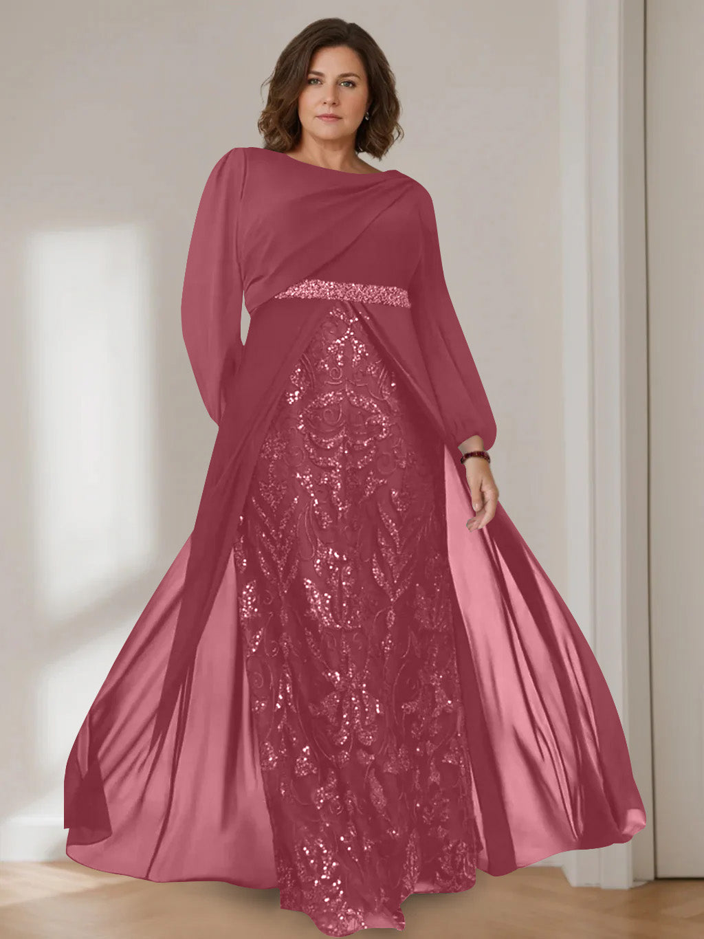 Ligne A/Princesse Scoop Manches Longues La Longueur du Sol Plus Taille Robes Mère de La Mariée avec Paillettes