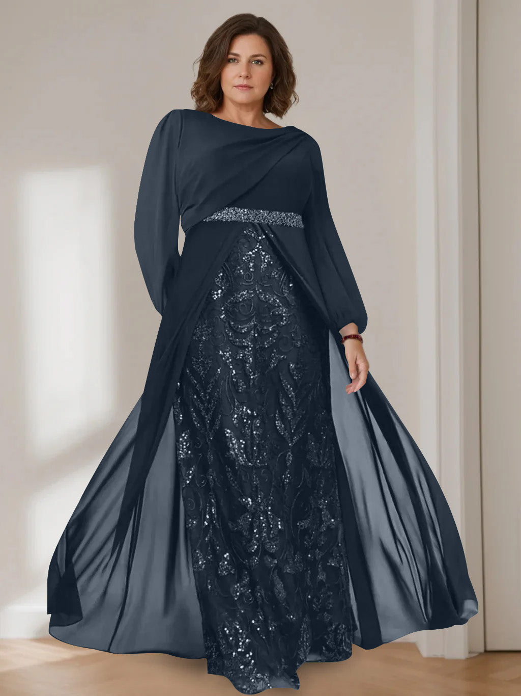 Ligne A/Princesse Scoop Manches Longues La Longueur du Sol Plus Taille Robes Mère de La Mariée avec Paillettes