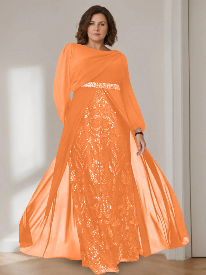Ligne A/Princesse Scoop Manches Longues La Longueur du Sol Plus Taille Robes Mère de La Mariée avec Paillettes