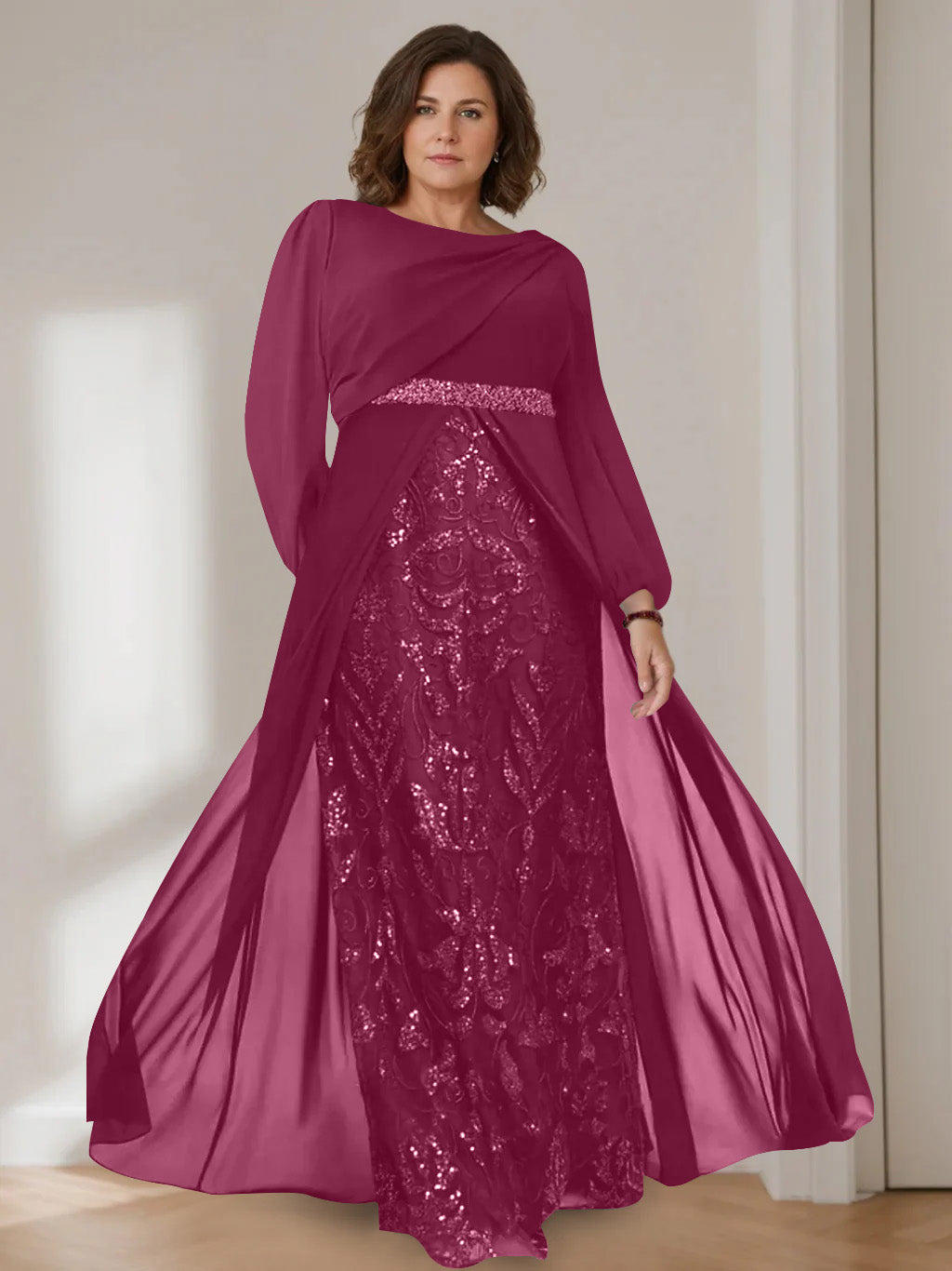 Ligne A/Princesse Scoop Manches Longues La Longueur du Sol Plus Taille Robes Mère de La Mariée avec Paillettes