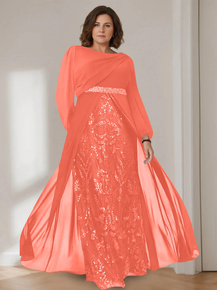 Ligne A/Princesse Scoop Manches Longues La Longueur du Sol Plus Taille Robes Mère de La Mariée avec Paillettes