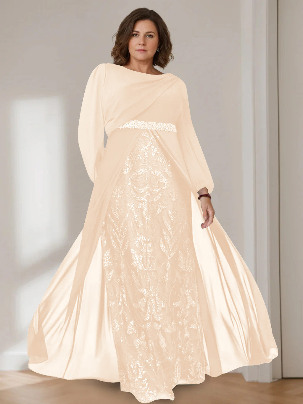 Ligne A/Princesse Scoop Manches Longues La Longueur du Sol Plus Taille Robes Mère de La Mariée avec Paillettes