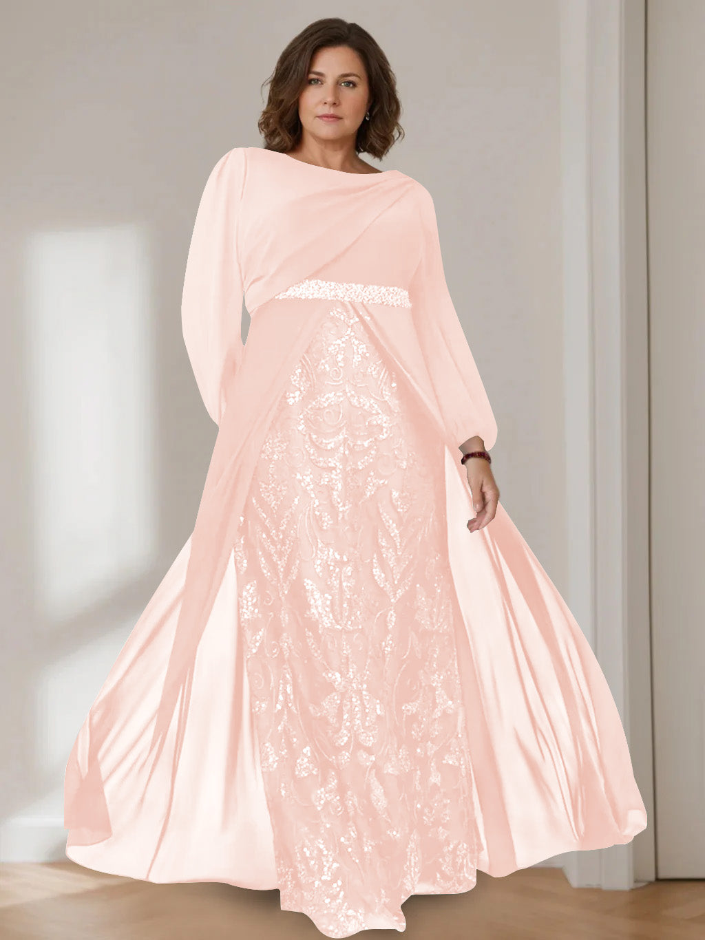 Ligne A/Princesse Scoop Manches Longues La Longueur du Sol Plus Taille Robes Mère de La Mariée avec Paillettes