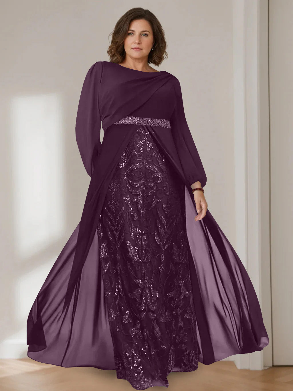 Ligne A/Princesse Scoop Manches Longues La Longueur du Sol Plus Taille Robes Mère de La Mariée avec Paillettes