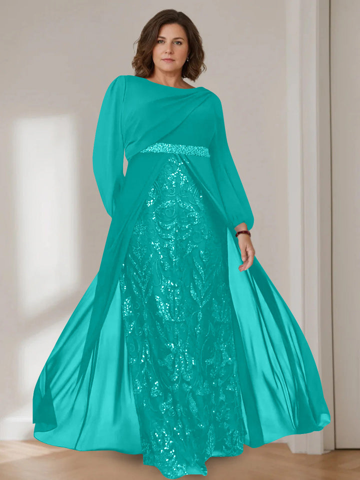 Ligne A/Princesse Scoop Manches Longues La Longueur du Sol Plus Taille Robes Mère de La Mariée avec Paillettes