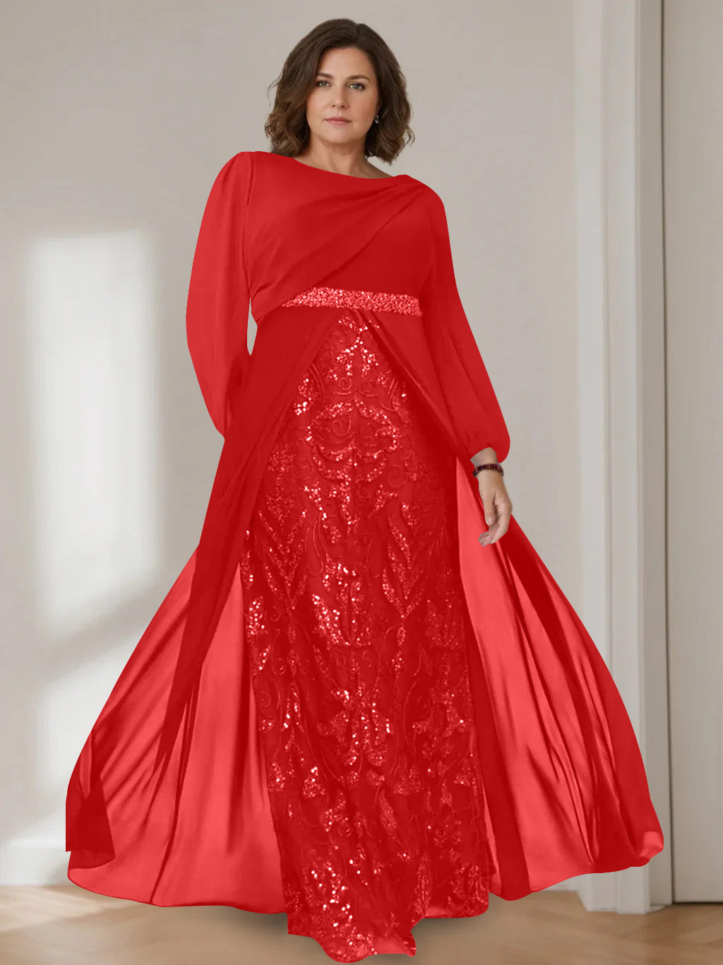 Ligne A/Princesse Scoop Manches Longues La Longueur du Sol Plus Taille Robes Mère de La Mariée avec Paillettes