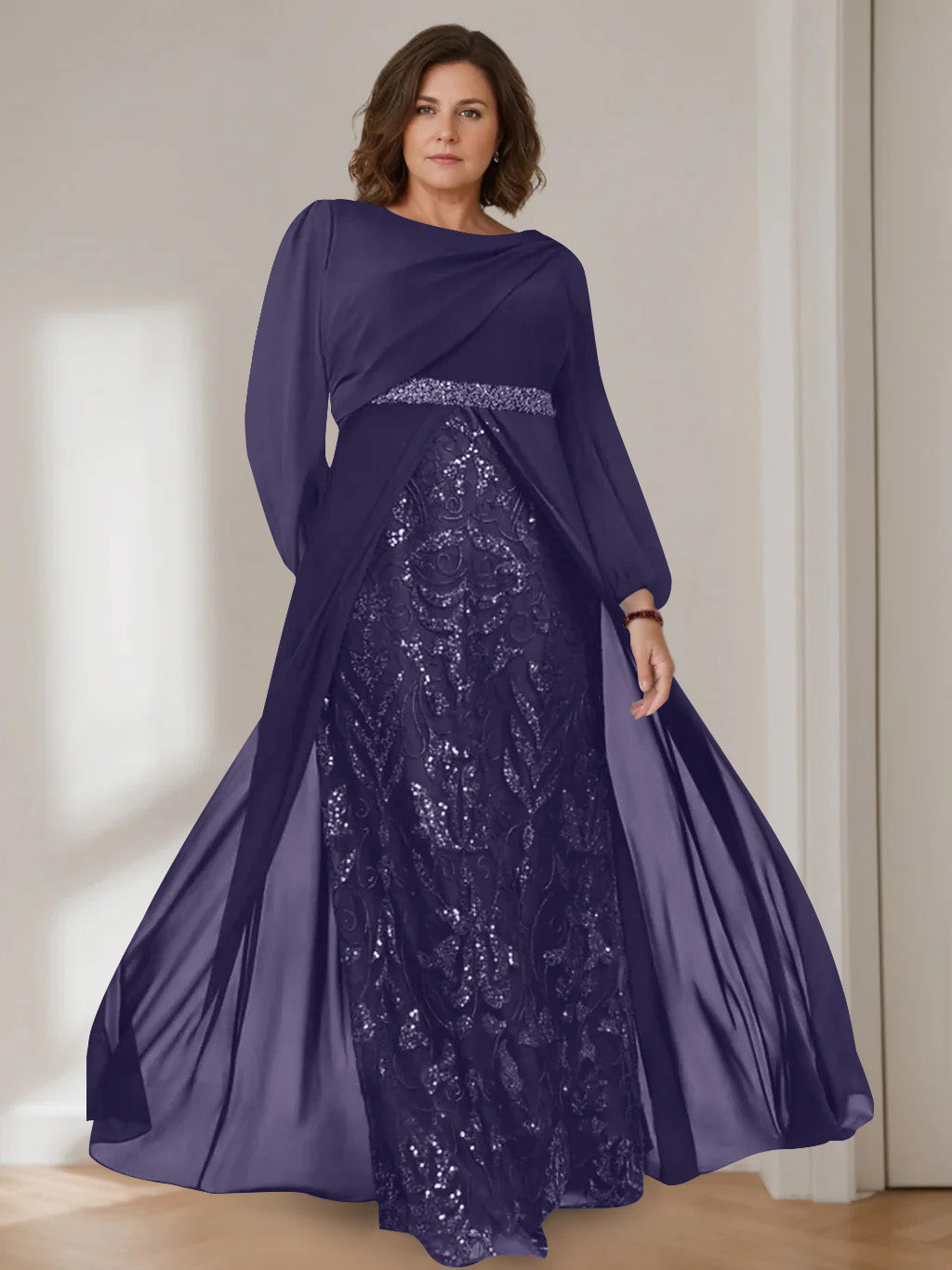 Ligne A/Princesse Scoop Manches Longues La Longueur du Sol Plus Taille Robes Mère de La Mariée avec Paillettes