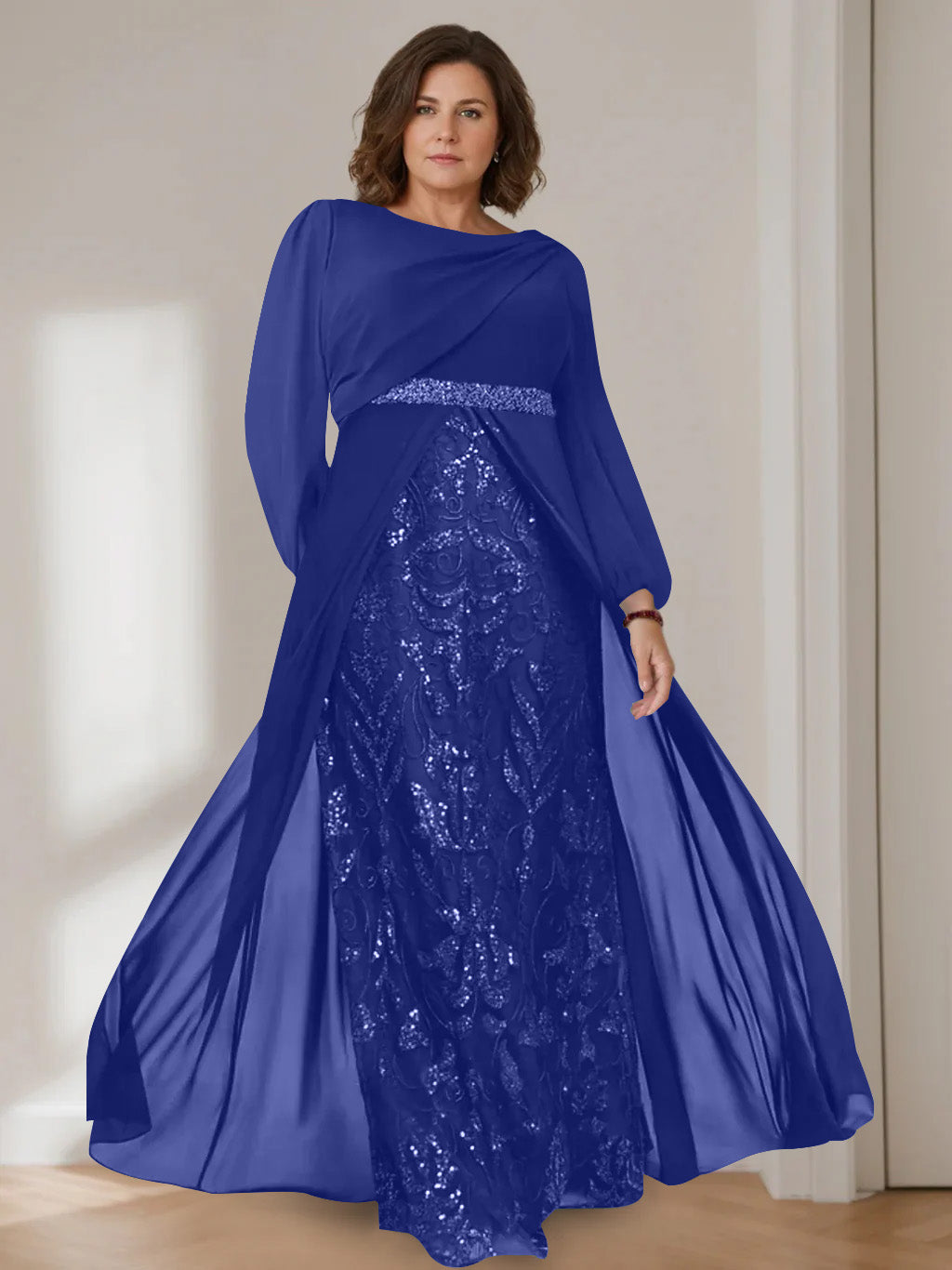 Ligne A/Princesse Scoop Manches Longues La Longueur du Sol Plus Taille Robes Mère de La Mariée avec Paillettes