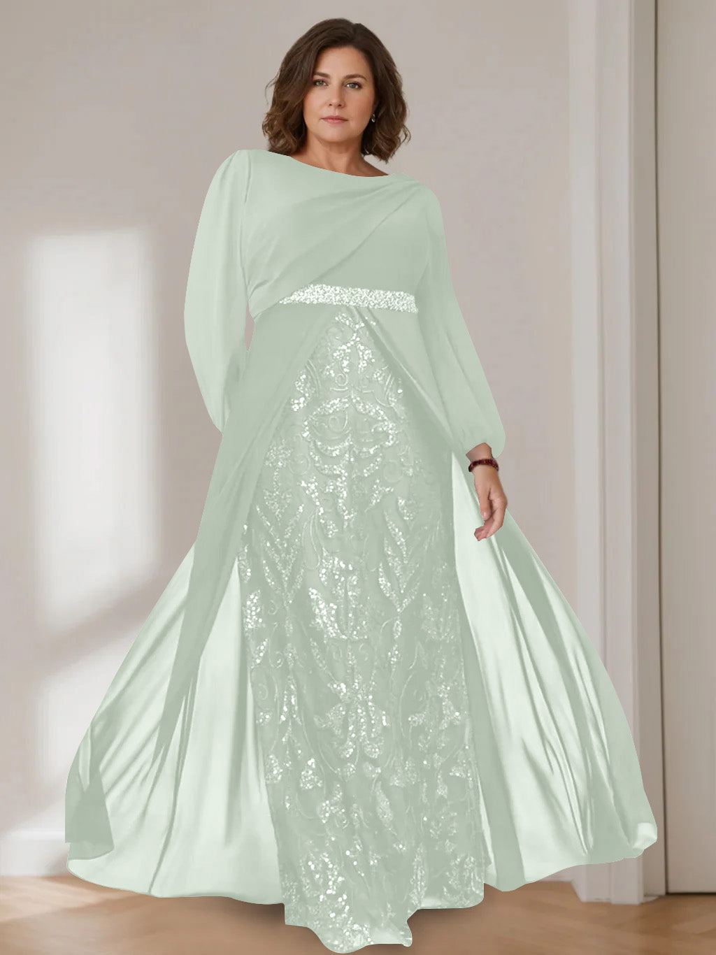 Ligne A/Princesse Scoop Manches Longues La Longueur du Sol Plus Taille Robes Mère de La Mariée avec Paillettes