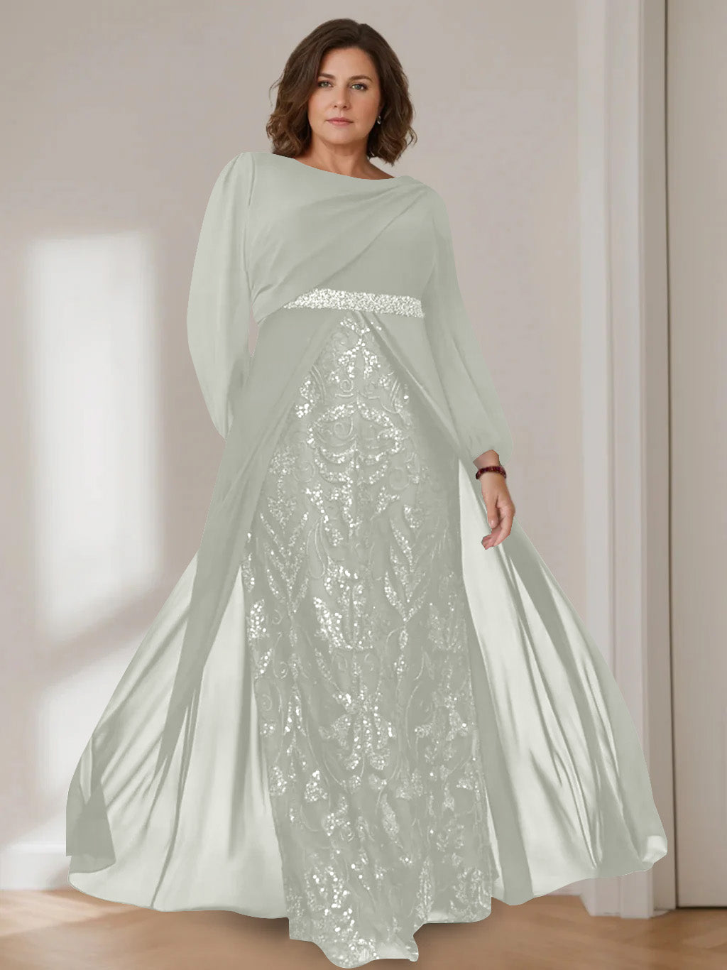 Ligne A/Princesse Scoop Manches Longues La Longueur du Sol Plus Taille Robes Mère de La Mariée avec Paillettes