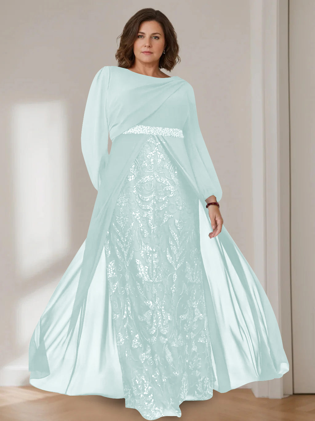 Ligne A/Princesse Scoop Manches Longues La Longueur du Sol Plus Taille Robes Mère de La Mariée avec Paillettes