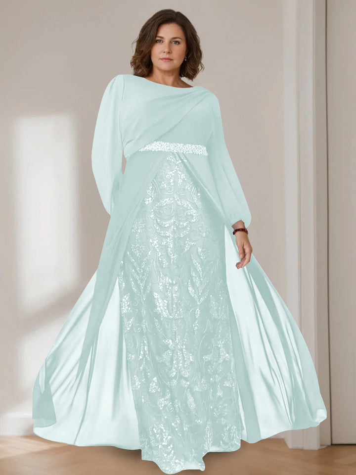 Ligne A/Princesse Scoop Manches Longues La Longueur du Sol Plus Taille Robes Mère de La Mariée avec Paillettes
