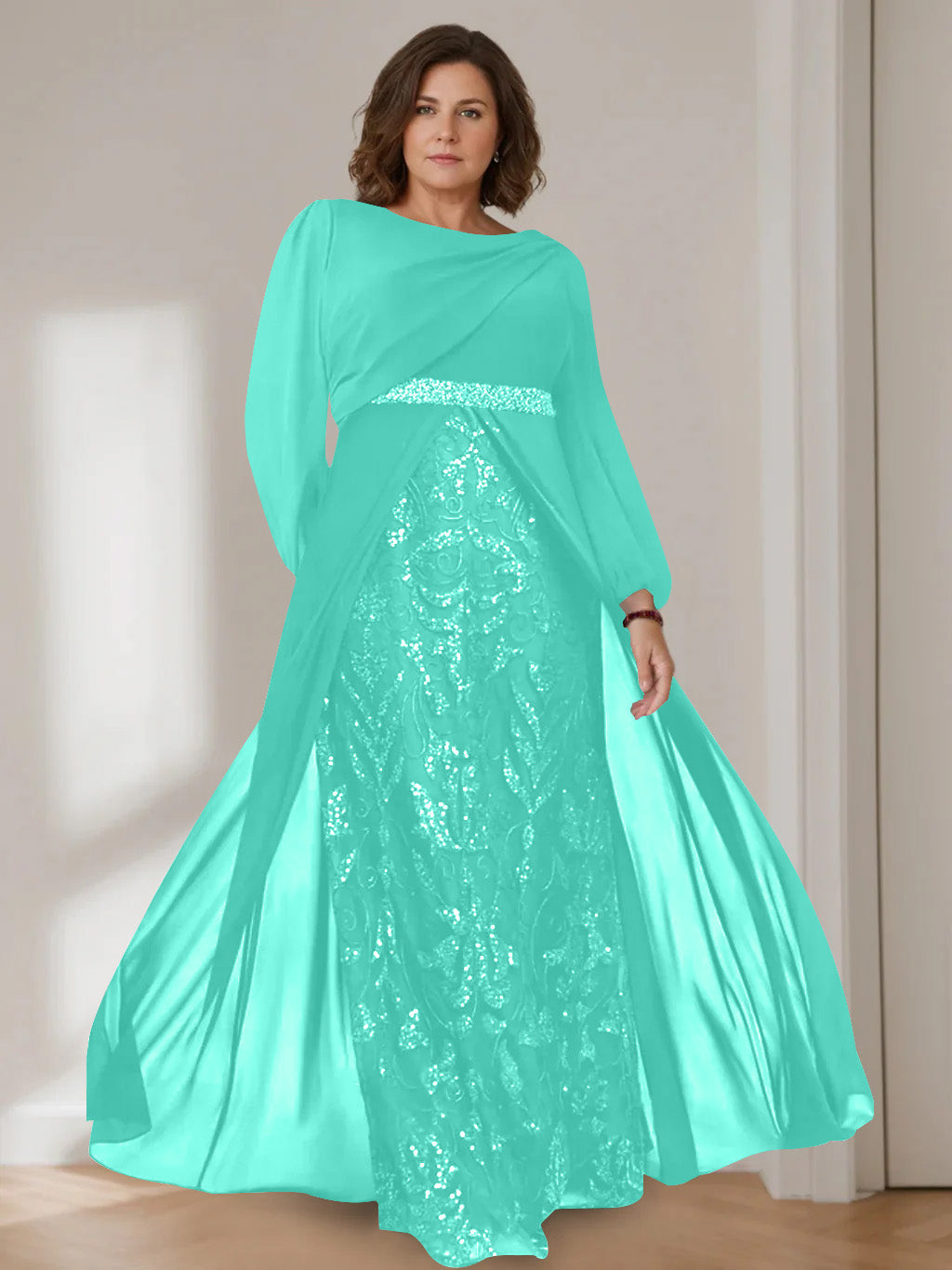 Ligne A/Princesse Scoop Manches Longues La Longueur du Sol Plus Taille Robes Mère de La Mariée avec Paillettes
