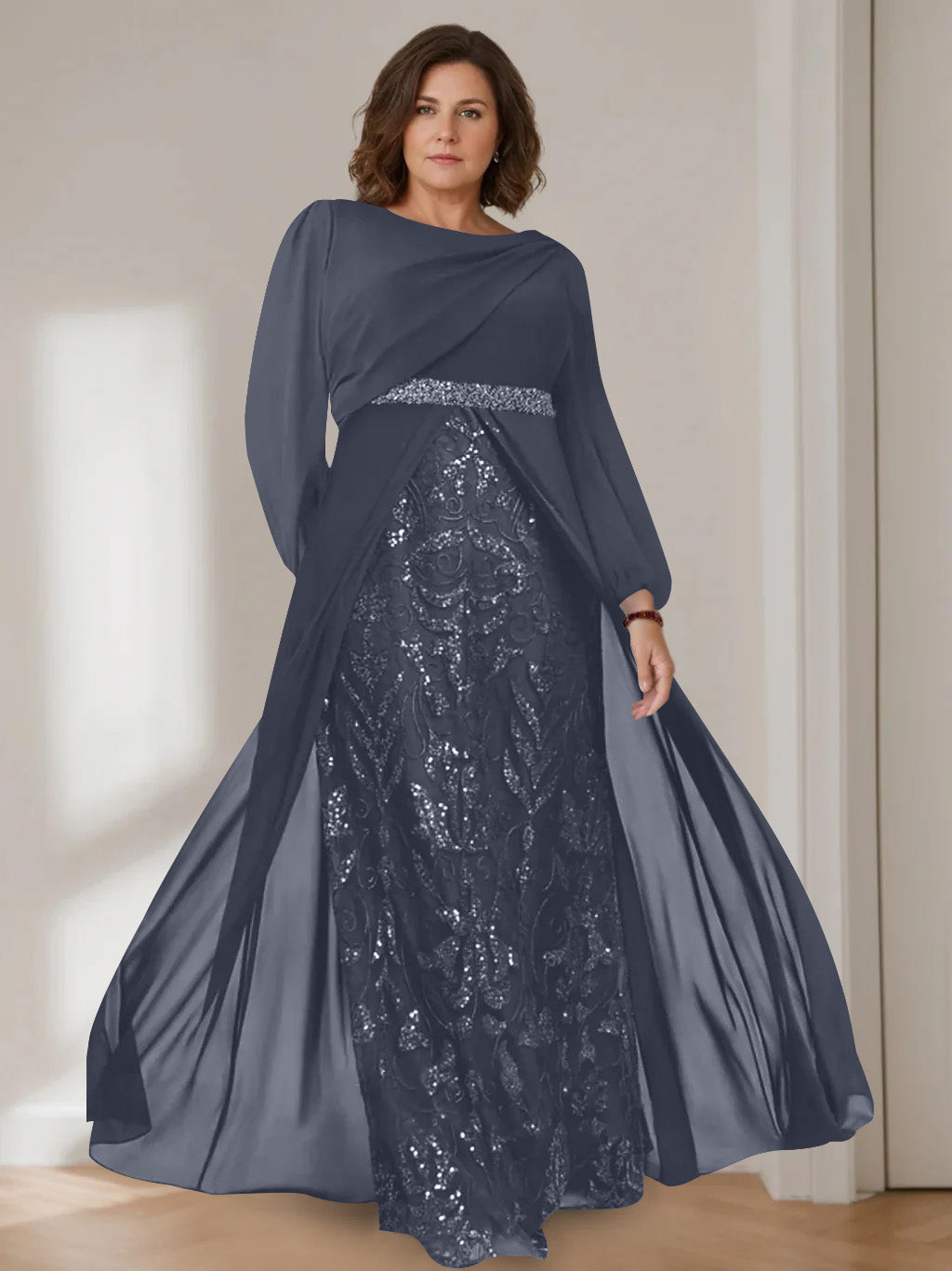 Ligne A/Princesse Scoop Manches Longues La Longueur du Sol Plus Taille Robes Mère de La Mariée avec Paillettes
