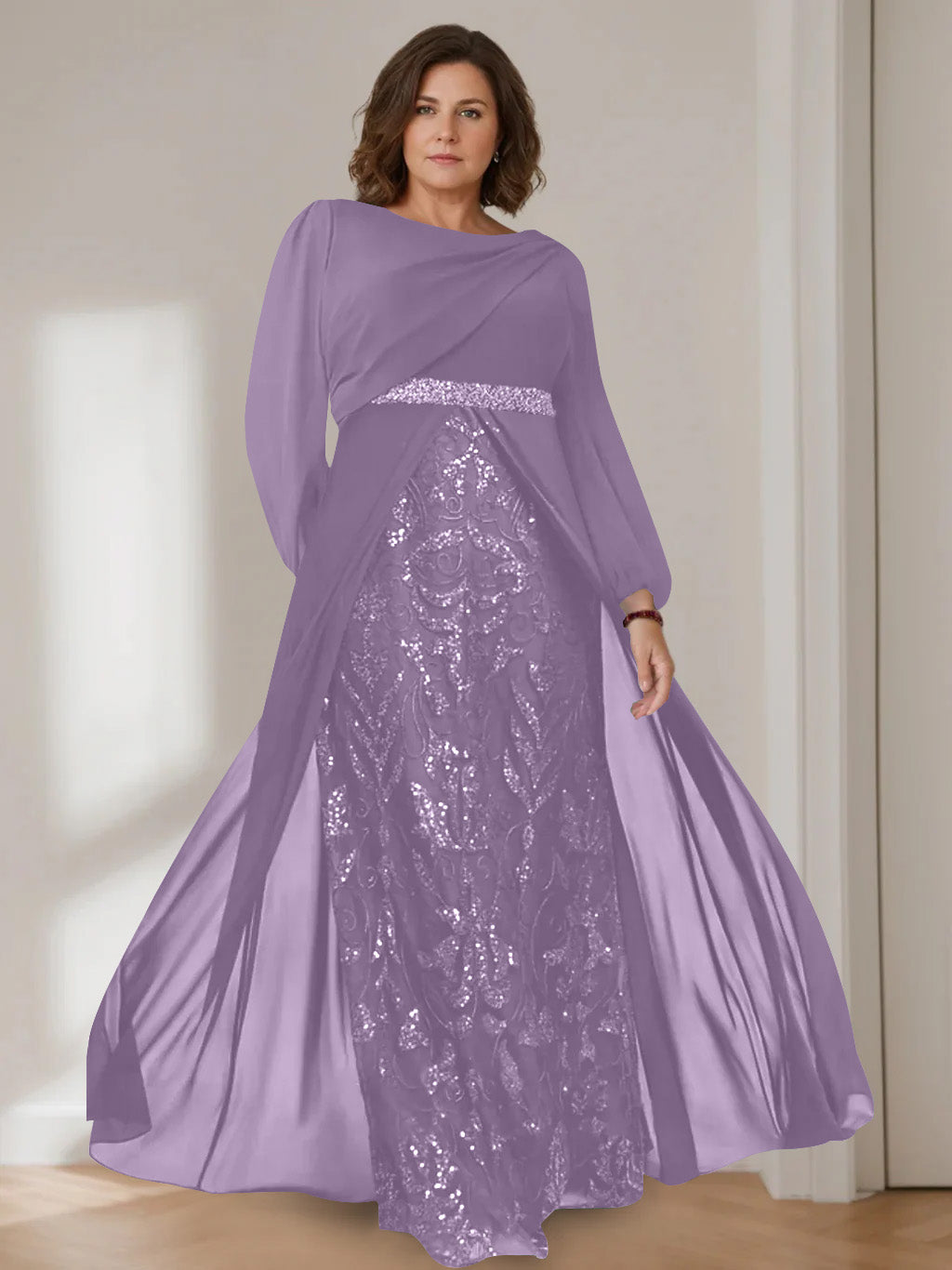 Ligne A/Princesse Scoop Manches Longues La Longueur du Sol Plus Taille Robes Mère de La Mariée avec Paillettes