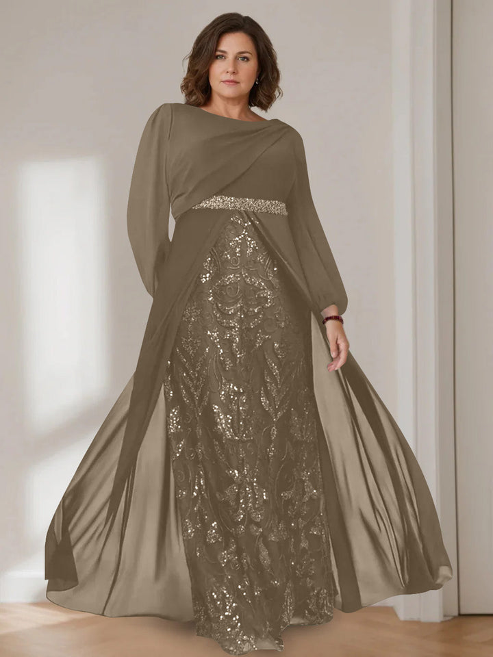 Ligne A/Princesse Scoop Manches Longues La Longueur du Sol Plus Taille Robes Mère de La Mariée avec Paillettes