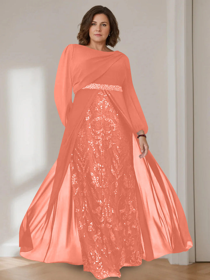 Ligne A/Princesse Scoop Manches Longues La Longueur du Sol Plus Taille Robes Mère de La Mariée avec Paillettes