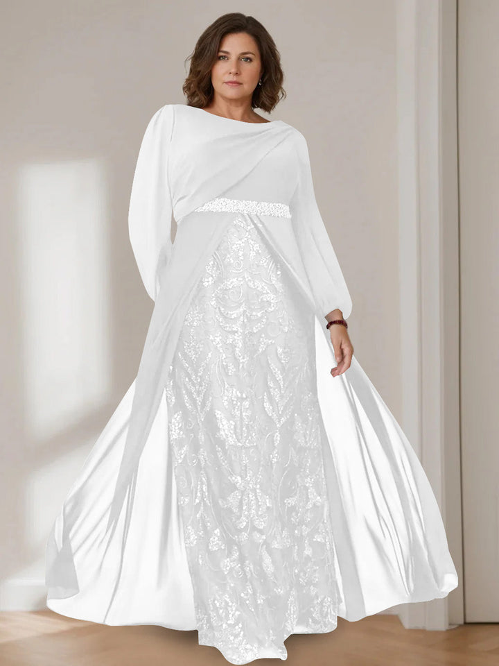 Ligne A/Princesse Scoop Manches Longues La Longueur du Sol Plus Taille Robes Mère de La Mariée avec Paillettes